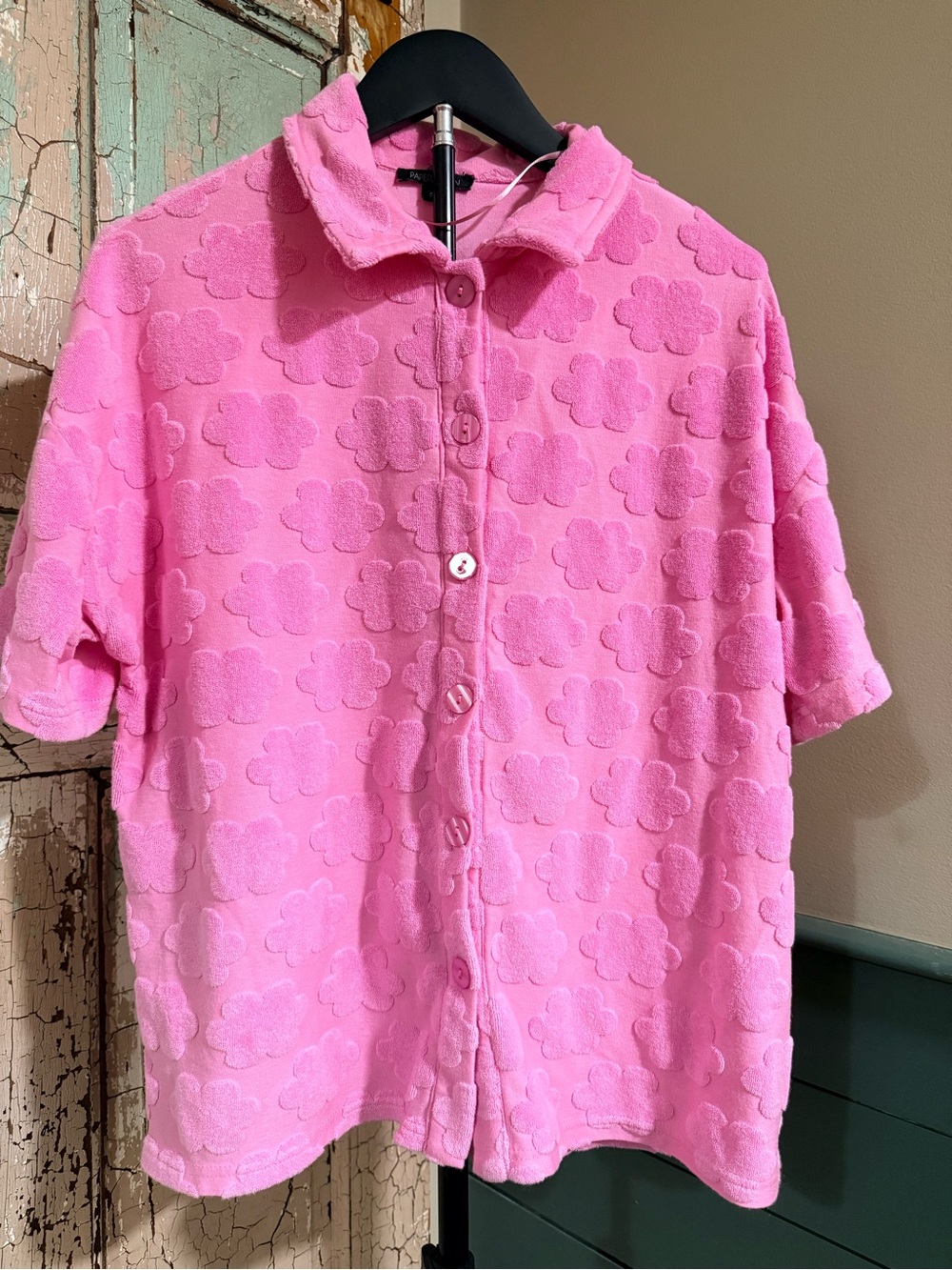 Papermoon Women’s Small Pink Floral/Cloud Terry Cloth Button Down Shirt Textured